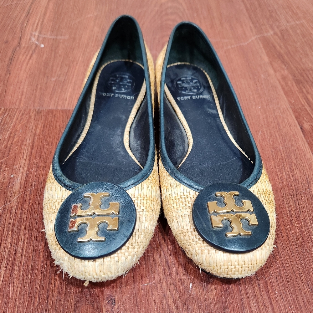 Tory Burch Straw Reva Raffia Logo Ballet Flats